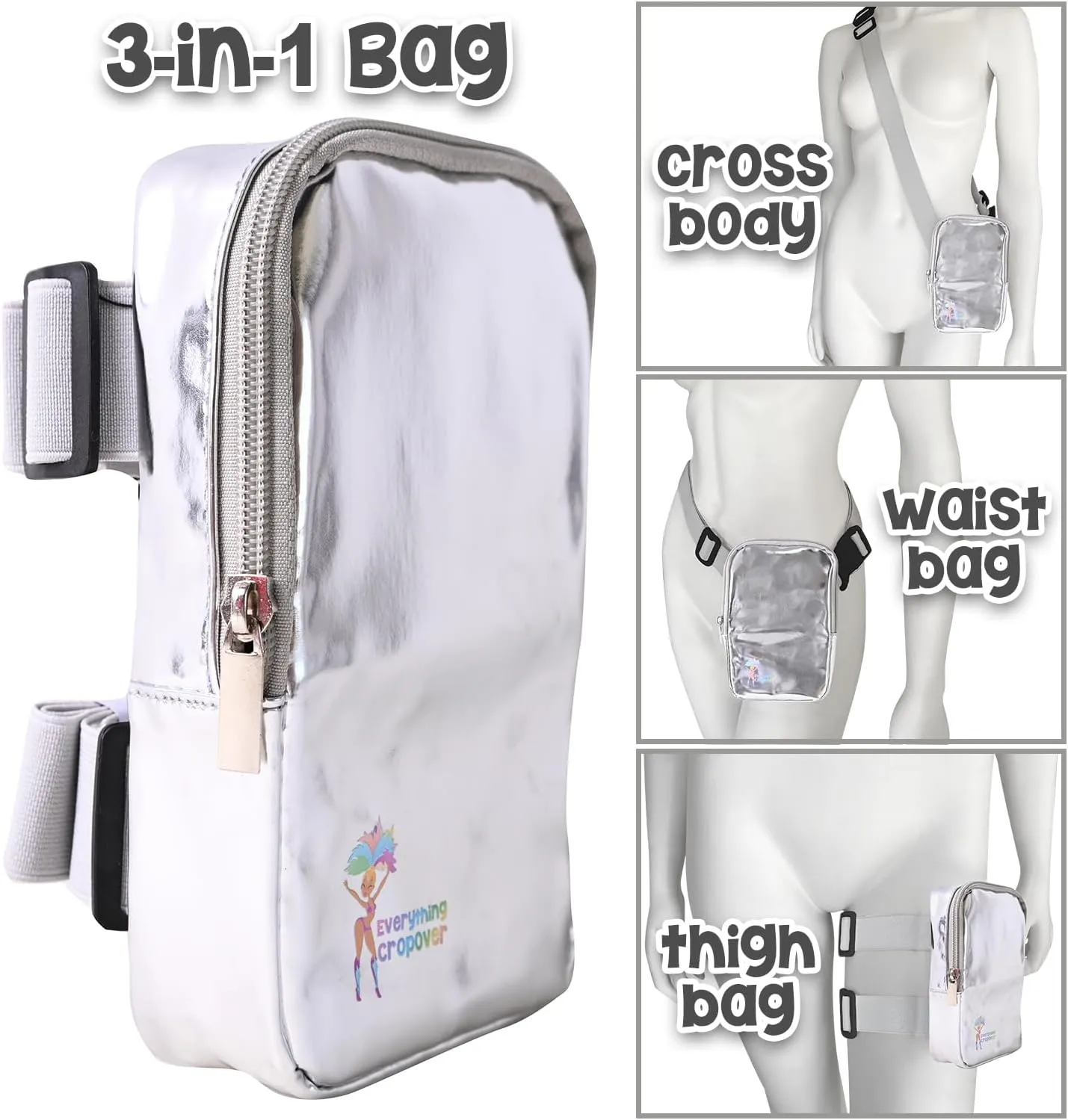 3-IN-1 Thigh Bag Fanny Pack Crossbody Bag | Carnival Leg Harness for Women | Glossy Waist Bag | Rave Leg Pack with Buckles | Metallic Silver