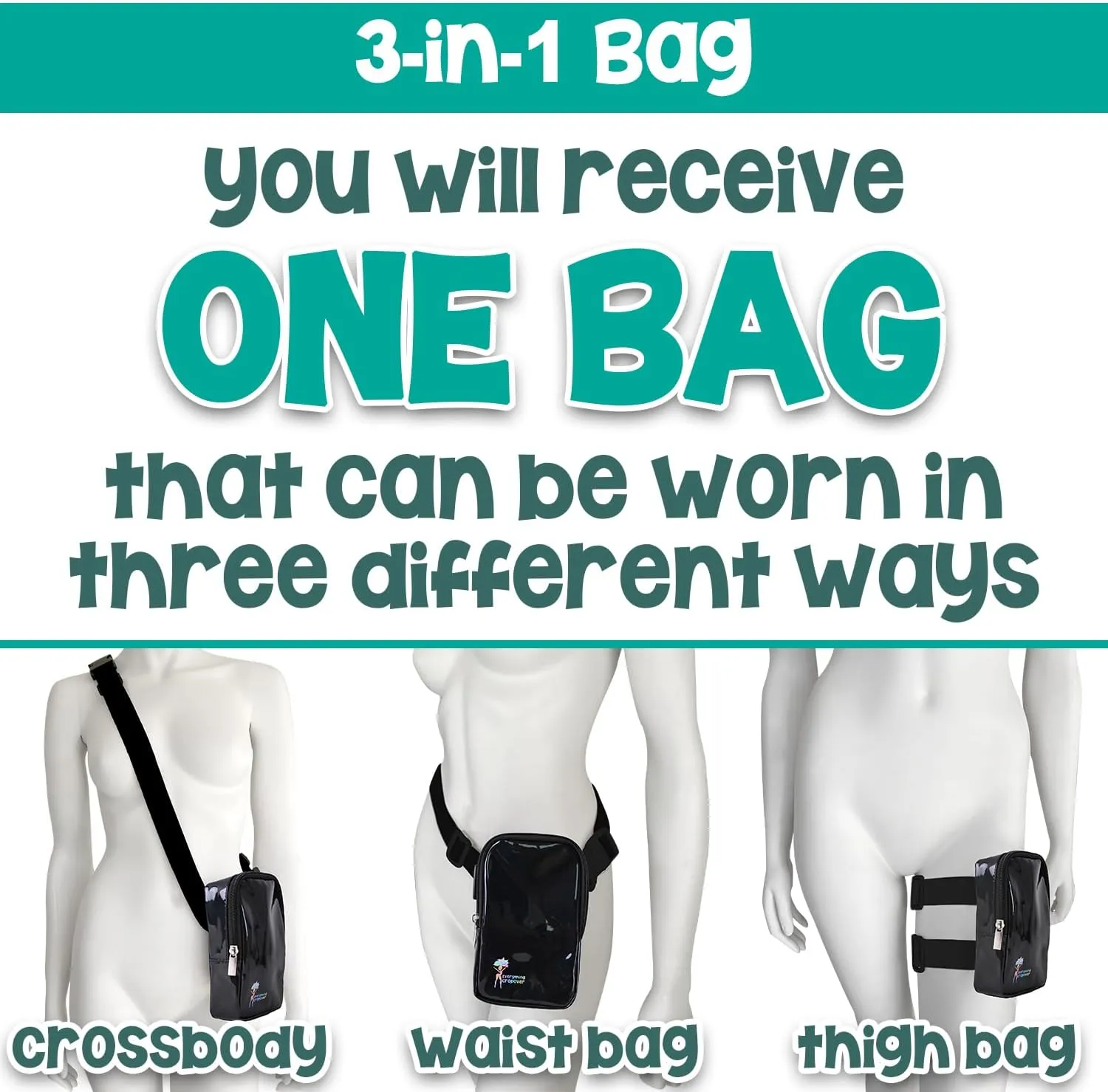 3-IN-1 Thigh Bag Fanny Pack Crossbody Bag | Carnival Leg Harness for Women | Holographic Waist Bag | Rave Leg Pack with Buckles | Black