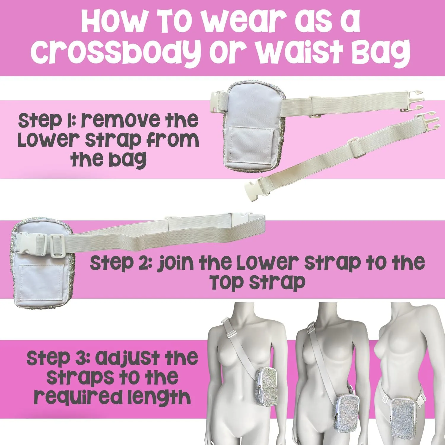 3-IN-1 Thigh Bag Fanny Pack Crossbody Bag | Carnival Leg Harness for Women | Holographic Waist Bag | Rave Leg Pack with Buckles | Black
