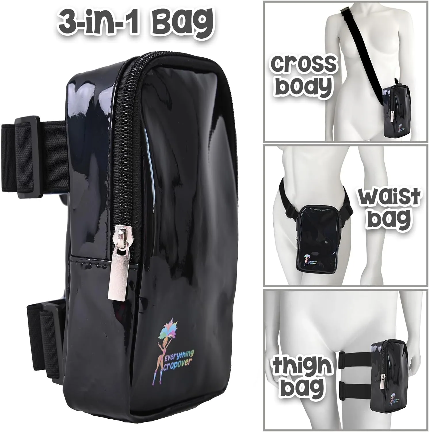 3-IN-1 Thigh Bag Fanny Pack Crossbody Bag | Carnival Leg Harness for Women | Holographic Waist Bag | Rave Leg Pack with Buckles | Black