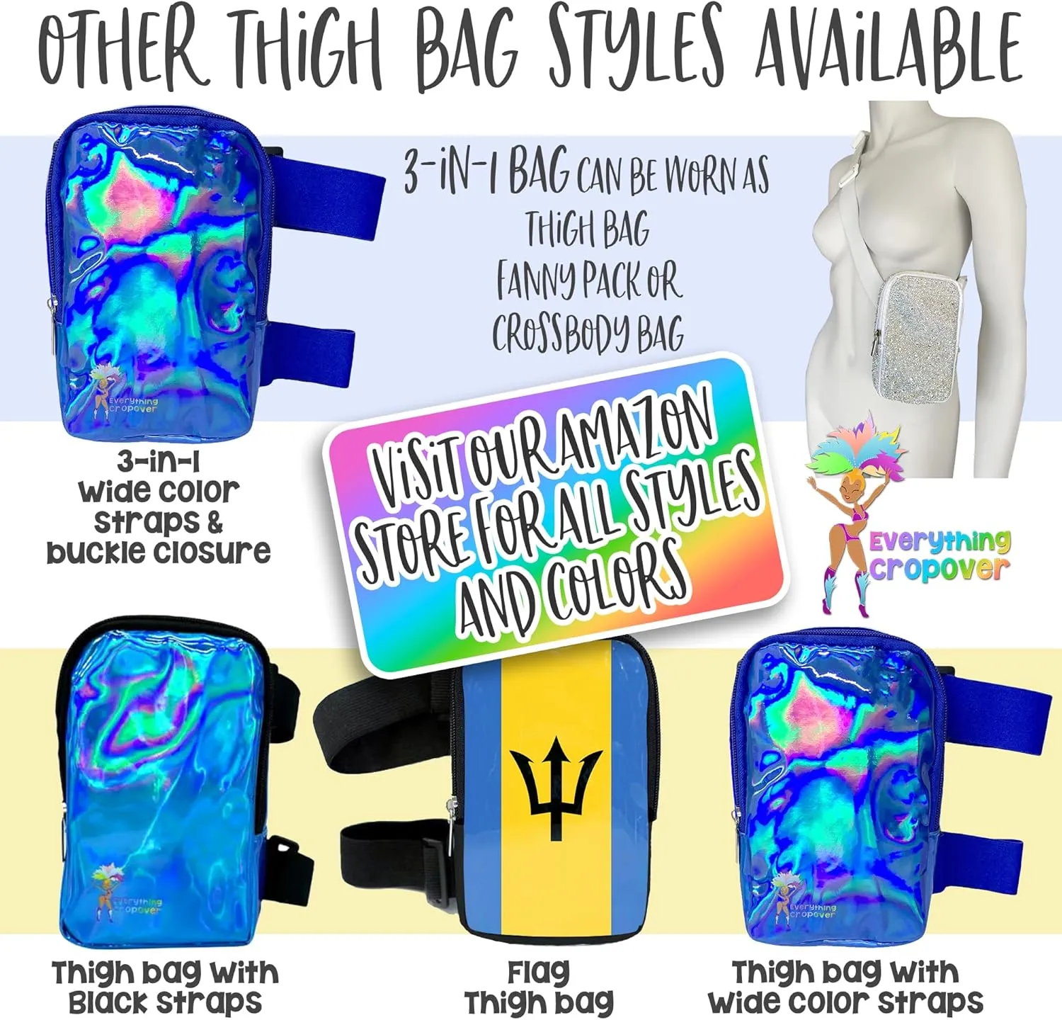 3-IN-1 Thigh Bag Fanny Pack Crossbody Bag | Carnival Leg Harness for Women | Holographic Waist Bag | Rave Leg Pack with Buckles | Black