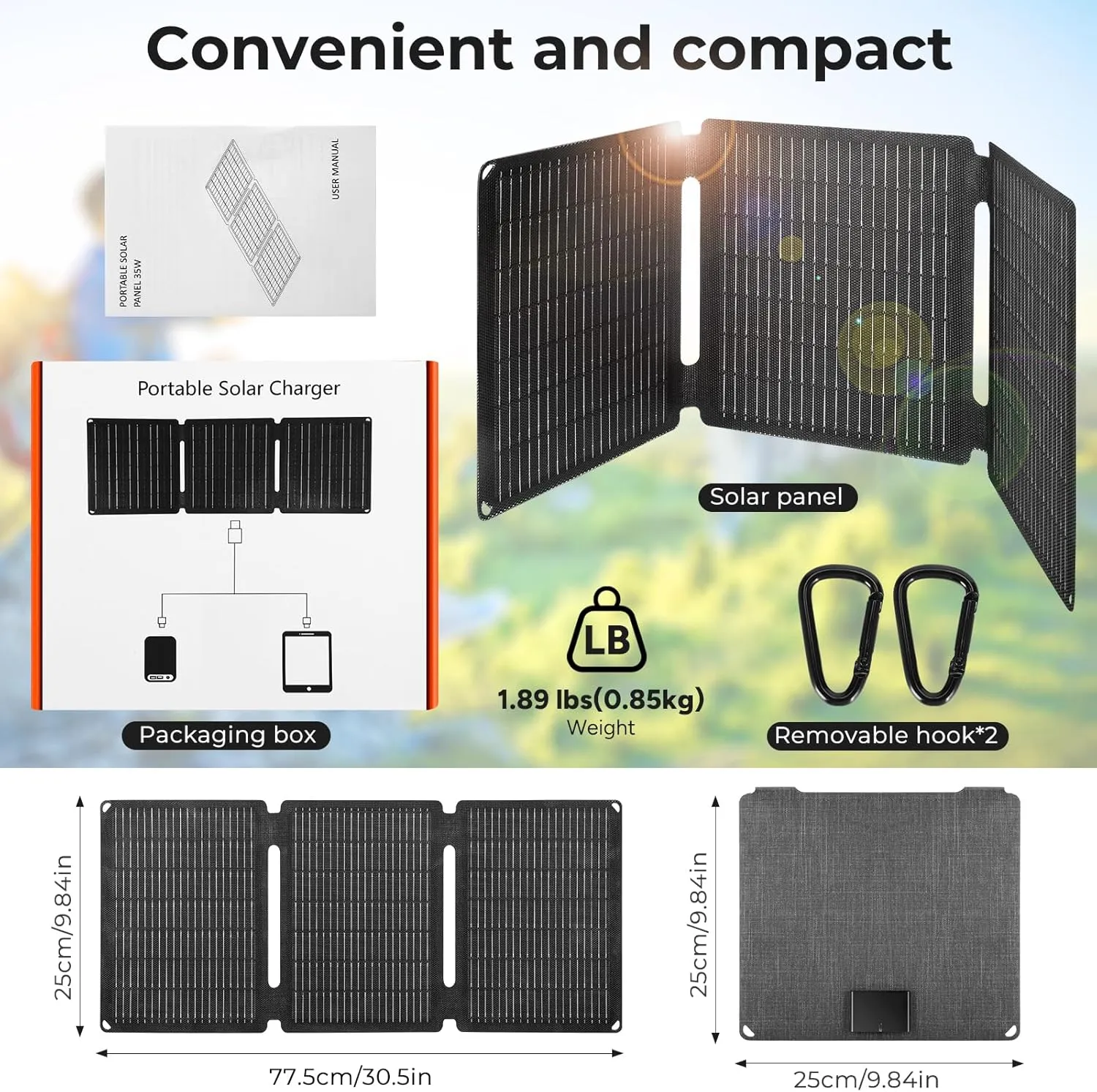35W Portable Solar Panel Charger QC3.0 USB C Solar Panel Waterproof Dustproof 12v Solar Battery Charger