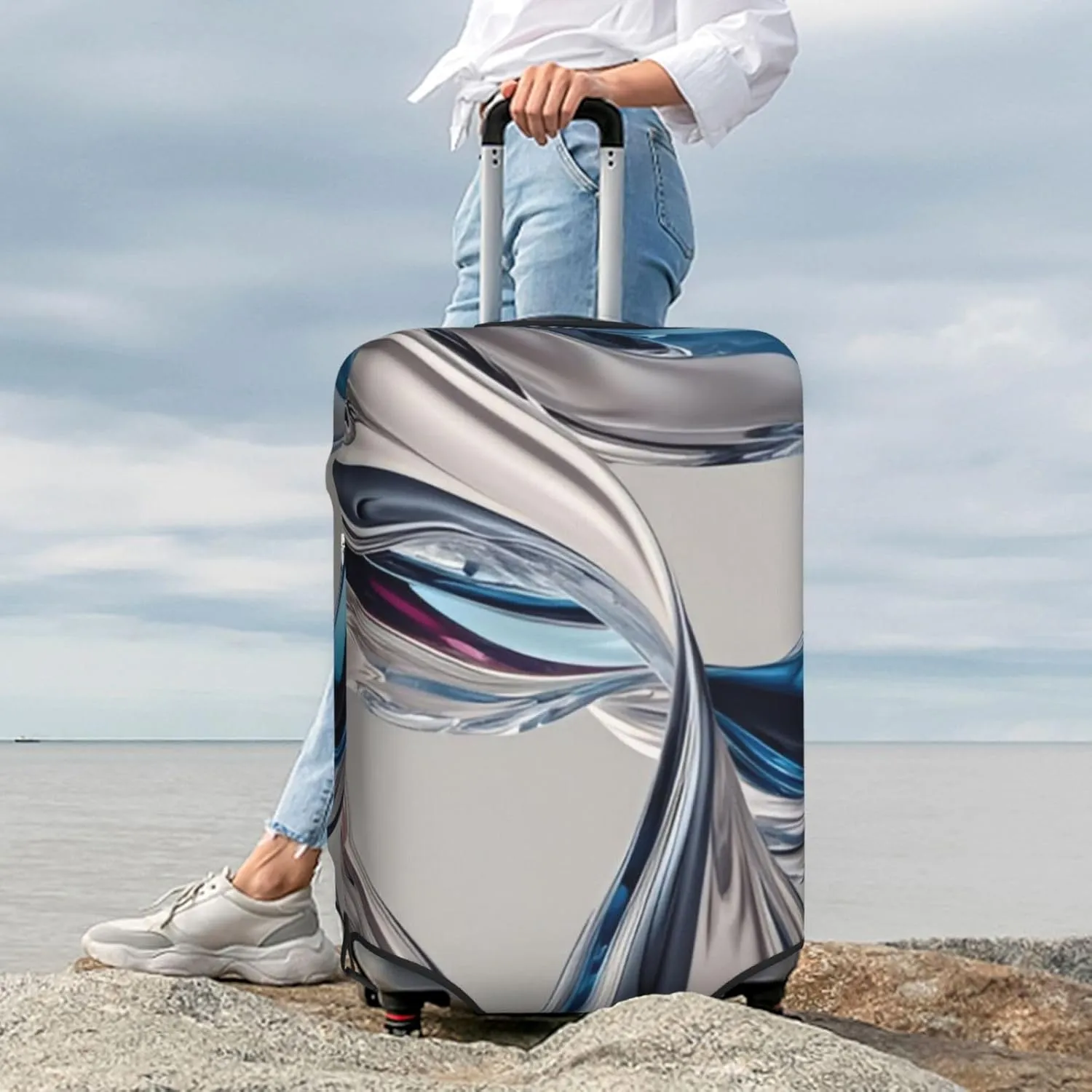 3D Swirling Liquid Metal Texture Travel Luggage Cover Fits 18/24/28/32 Inch Luggage, Elastic Suitcase Cover Protector with Concealed Zipper for Wheeled Suitcase Tsa Approved