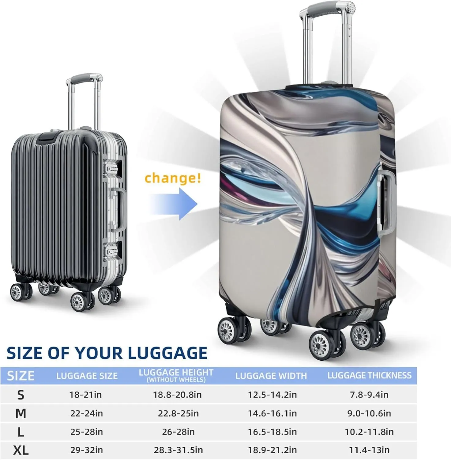 3D Swirling Liquid Metal Texture Travel Luggage Cover Fits 18/24/28/32 Inch Luggage, Elastic Suitcase Cover Protector with Concealed Zipper for Wheeled Suitcase Tsa Approved