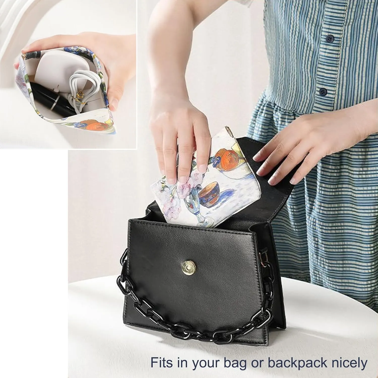 3Pcs Painting Small Makeup Bag, Waterproof Portable No Zipper Self-closing Small Portable Cosmetic Bags for Purse Lipstick and Jewelry Purse Organizer Pouches (Rose)