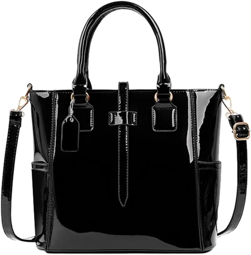 3PCS Set Shoulder Handbag for Women Patent Leather Top-handle Purse Glossy Shopper Work Crossbody Satchel
