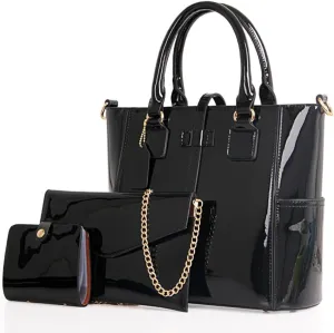3PCS Set Shoulder Handbag for Women Patent Leather Top-handle Purse Glossy Shopper Work Crossbody Satchel