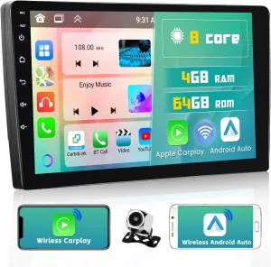【4 64G 8 Core】 Hikity 10.1 Inch Double Din Car Stereo with Wireless Apple Carplay Android Auto, Android 13 Touch Screen Radio Bluetooth 5.0, GPS, WiFi, 32EQ DSP, 59 UI Themes, Mic, Backup Cam