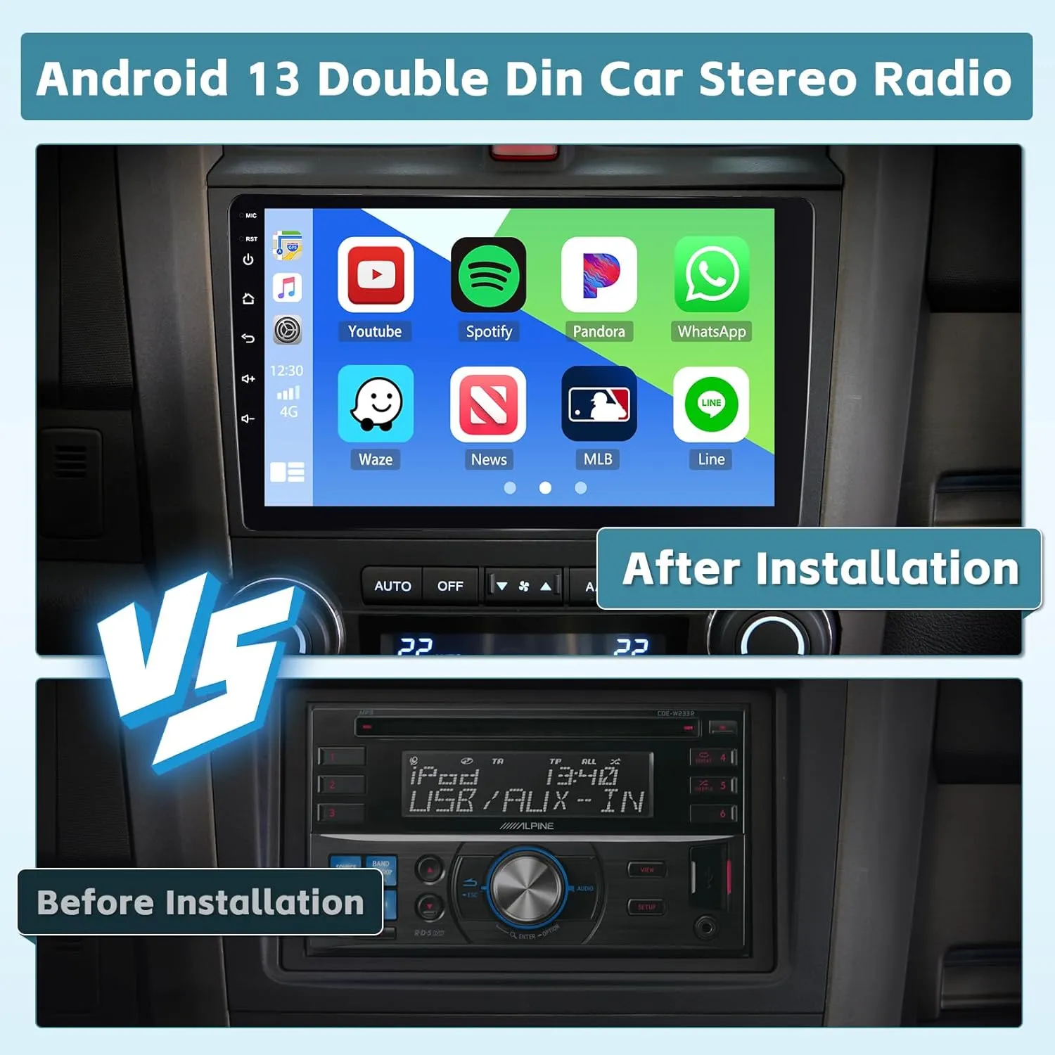 【4 64G 8 Core】 Hikity 10.1 Inch Double Din Car Stereo with Wireless Apple Carplay Android Auto, Android 13 Touch Screen Radio Bluetooth 5.0, GPS, WiFi, 32EQ DSP, 59 UI Themes, Mic, Backup Cam
