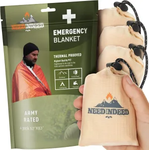4-Pack Emergency Space Blankets, 83x52 inches, Silver, Polyester, High Thermal Performance, Water Resistant, Compact, Unisex, All Seasons, Survival, Car, Reflective Material, Lightweight