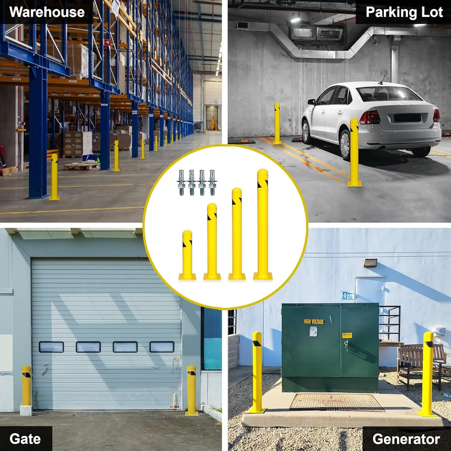 4 Pack - Safety Bollard 42''H x 4.5''D, 12Ga (2.7 mm), Base-8x8'', with 4 Free Anchor Bolts, Heavy Duty Yellow Powder Coated Safety Parking Barrier Post