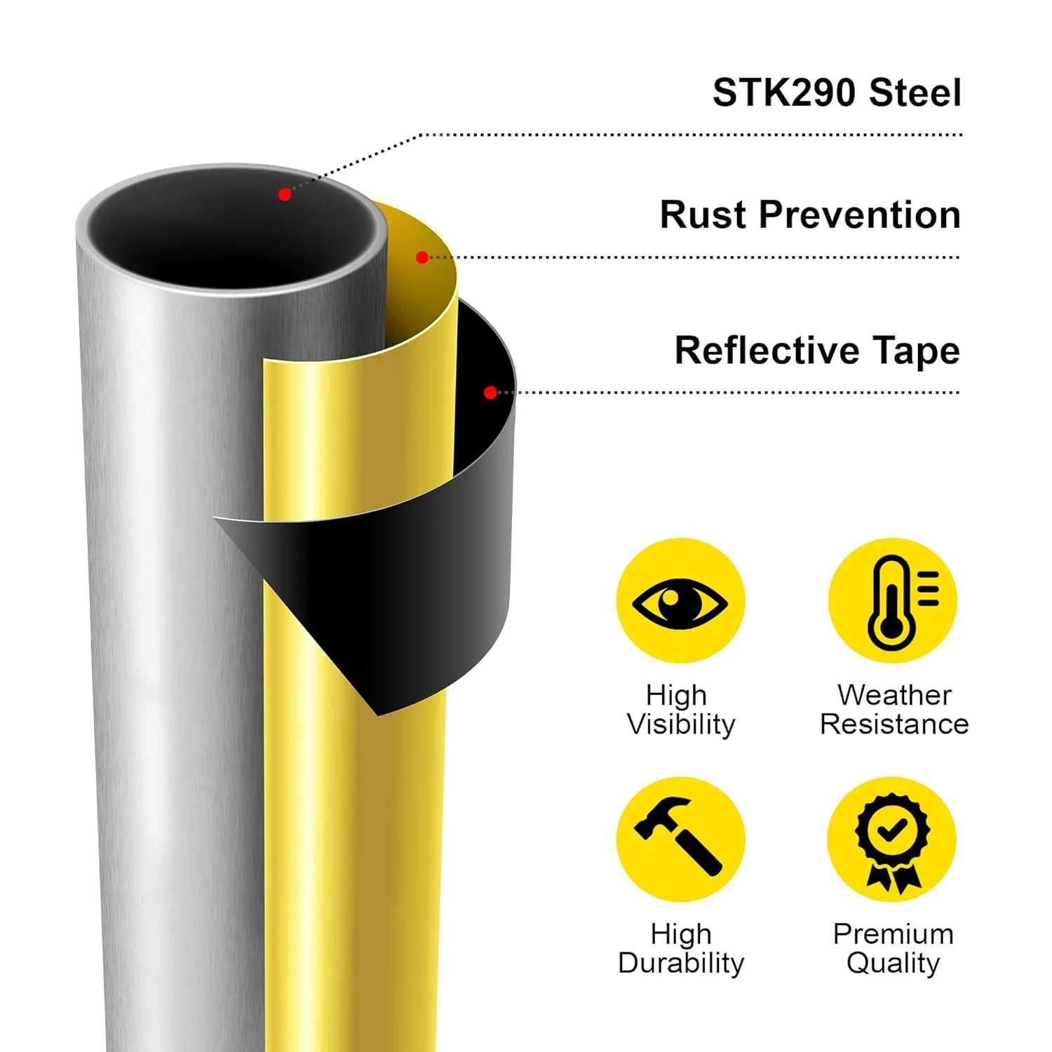 4 Pack - Safety Bollard 42''H x 4.5''D, 12Ga (2.7 mm), Base-8x8'', with 4 Free Anchor Bolts, Heavy Duty Yellow Powder Coated Safety Parking Barrier Post