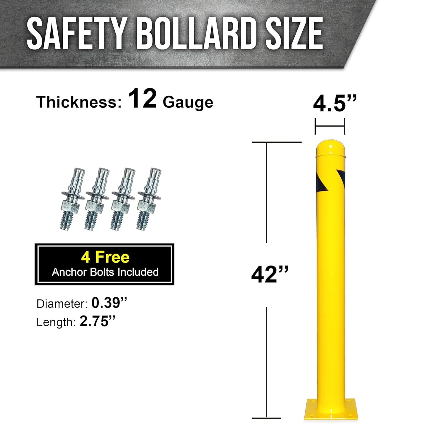 4 Pack - Safety Bollard 42''H x 4.5''D, 12Ga (2.7 mm), Base-8x8'', with 4 Free Anchor Bolts, Heavy Duty Yellow Powder Coated Safety Parking Barrier Post