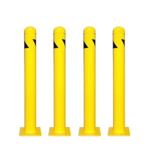 4 Pack - Safety Bollard 42''H x 4.5''D, 12Ga (2.7 mm), Base-8x8'', with 4 Free Anchor Bolts, Heavy Duty Yellow Powder Coated Safety Parking Barrier Post