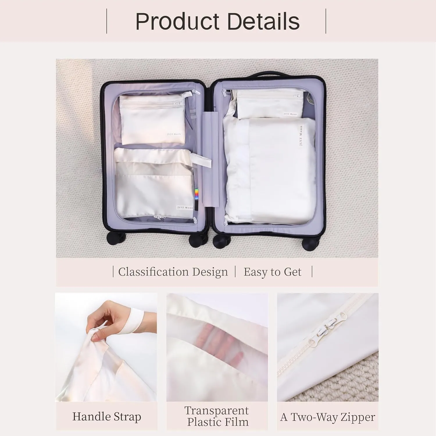 4 Set Silky Travel Packing Organizer, Luggage Organizer Bag with Zipper, Soft and Smooth, Lightweight and Foldable, Mini/Small/Medium/Large Sizes, Fit for Daily and Travel Storage (4 Set, Craie)