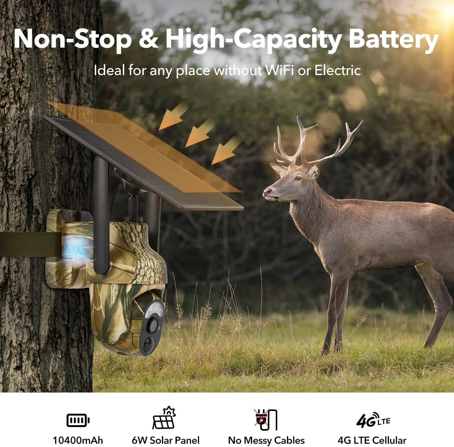 4G LTE Cellular Trail Cameras 2K 360° View Live Feed Game Camera Built-in SIM Card with Motion Activated Color Night Vision Remote Phone Access Solar Powered Trail Camera