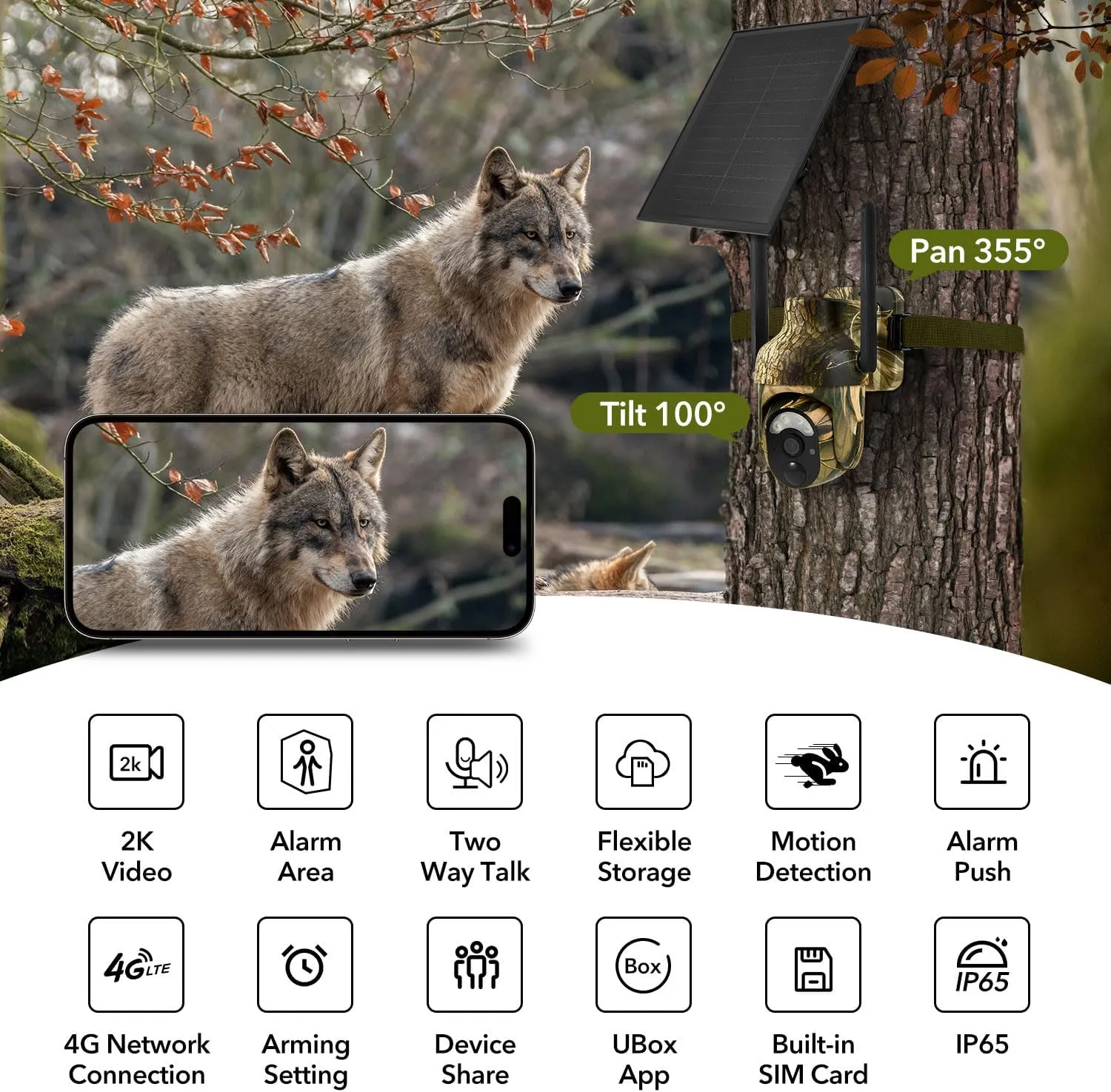4G LTE Cellular Trail Cameras 2K 360° View Live Streaming Game Camera Built-in SIM Card with Motion Activated Color Night Vision Remote Phone Access Solar Powered Trail Camera IP65 Waterproof