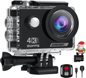 4K 30FPS Action Camera with 64GB SD Card - Waterproof up to 40M, 20MP Sports Camera, 170° Wide Angle, WiFi, Remote Control, Mounting Kit - Ideal for Outdoor Adventures, Diving/Extreme Sports