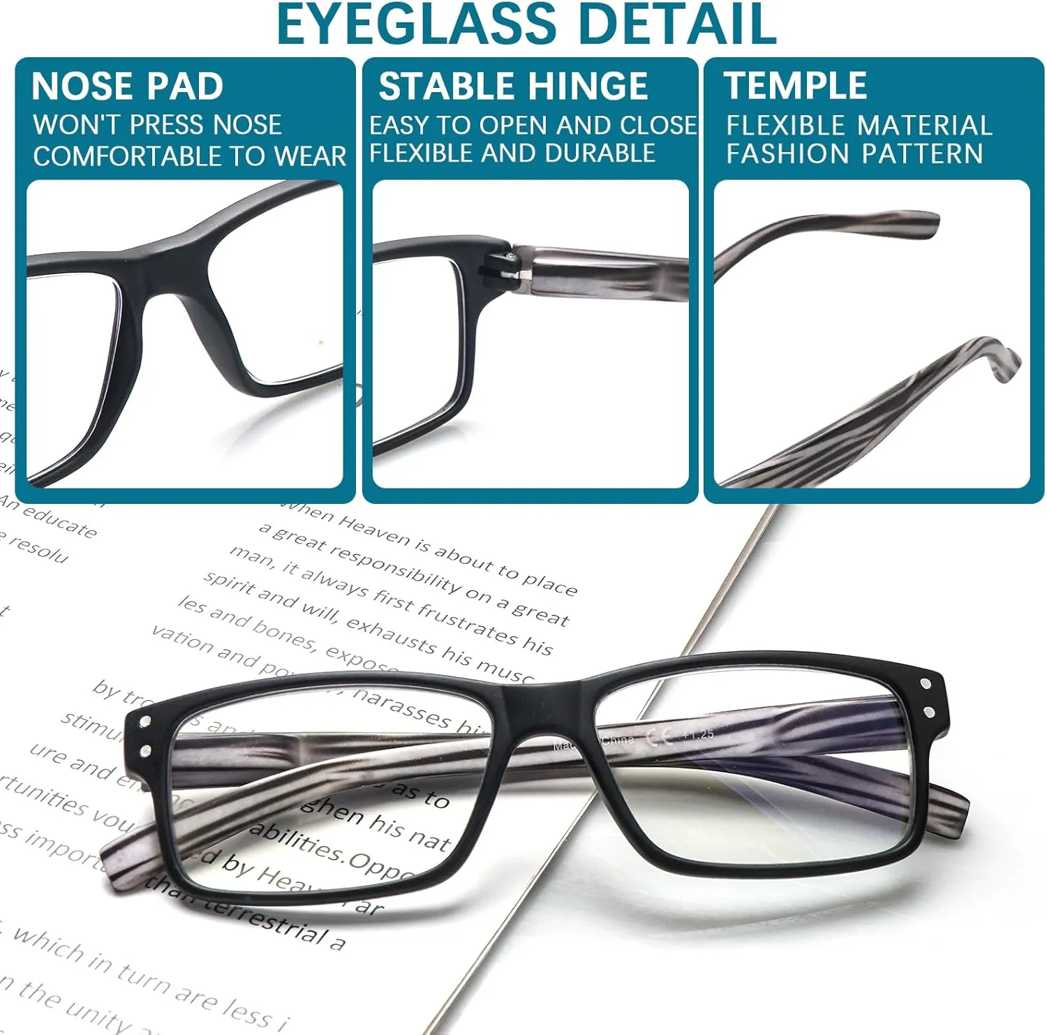 6 Pack Reading Glasses Blue Light Blocking,Spring Hinge Readers for Men Women,Black Frame Anti Glare Eyeglasses