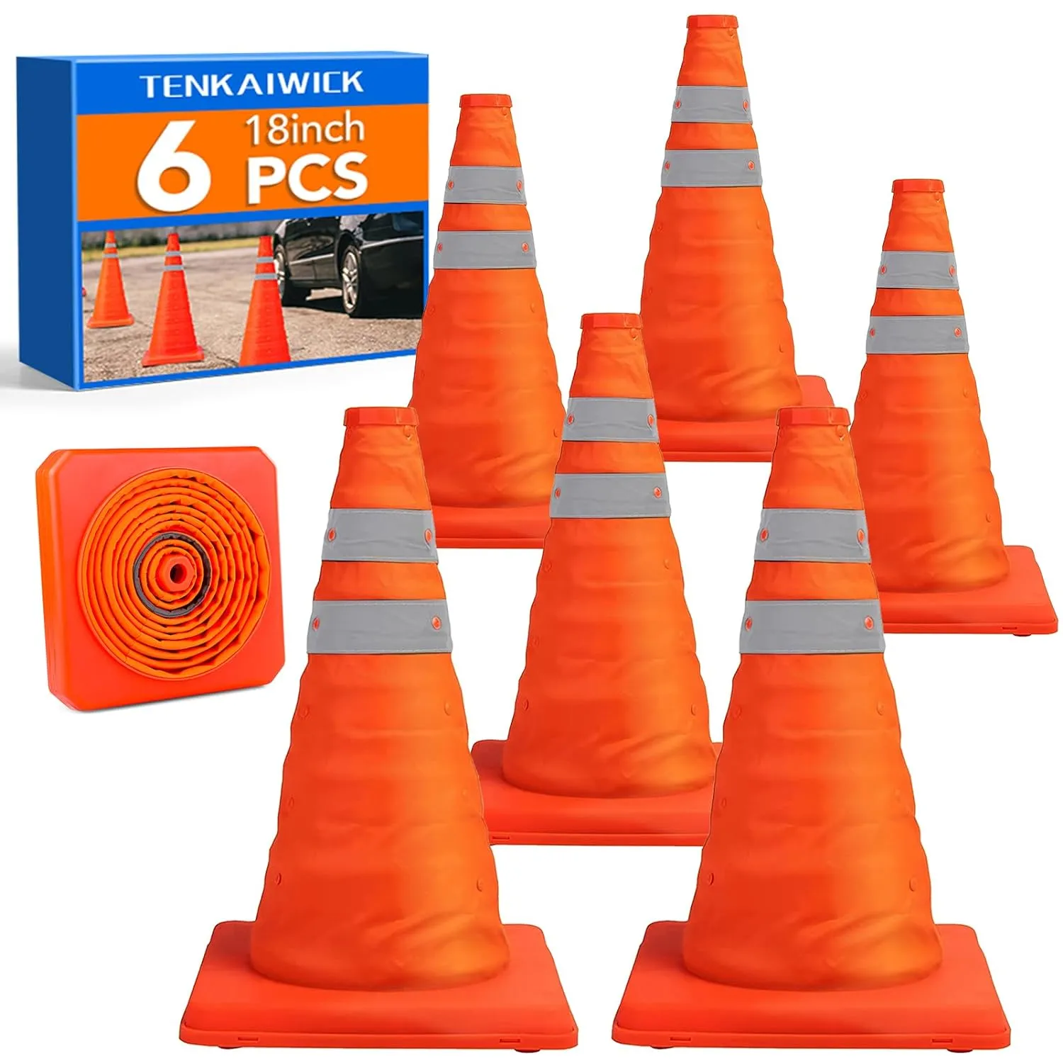 [6 Pack]18 Inch Collapsible Traffic Safety Cones - Parking Cones with Reflective Collars,Orange Safety Cones for Parking lot，Driveway, Driving Training etc.