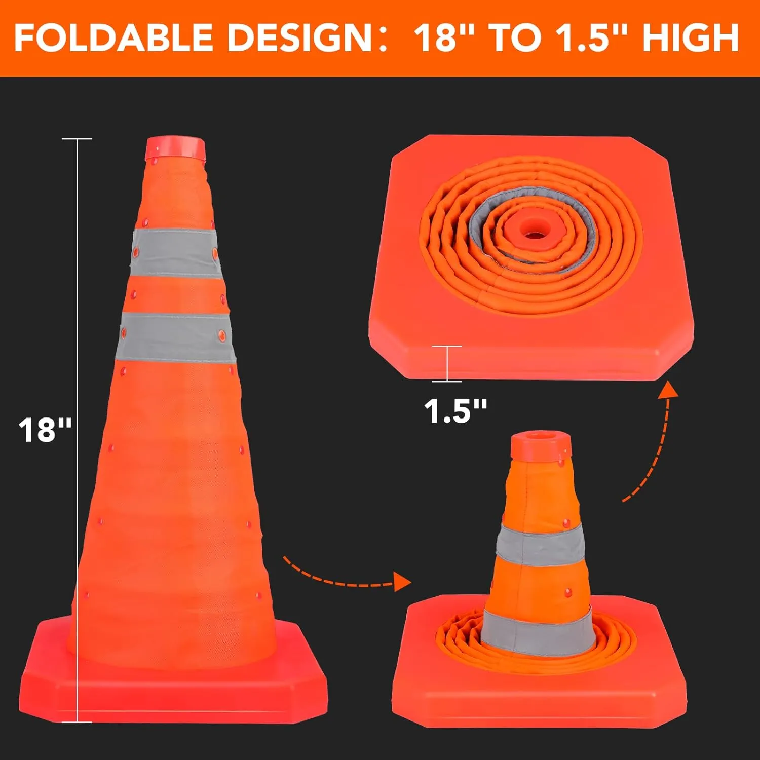 [6 Pack]18 Inch Collapsible Traffic Safety Cones - Parking Cones with Reflective Collars,Orange Safety Cones for Parking lot，Driveway, Driving Training etc.