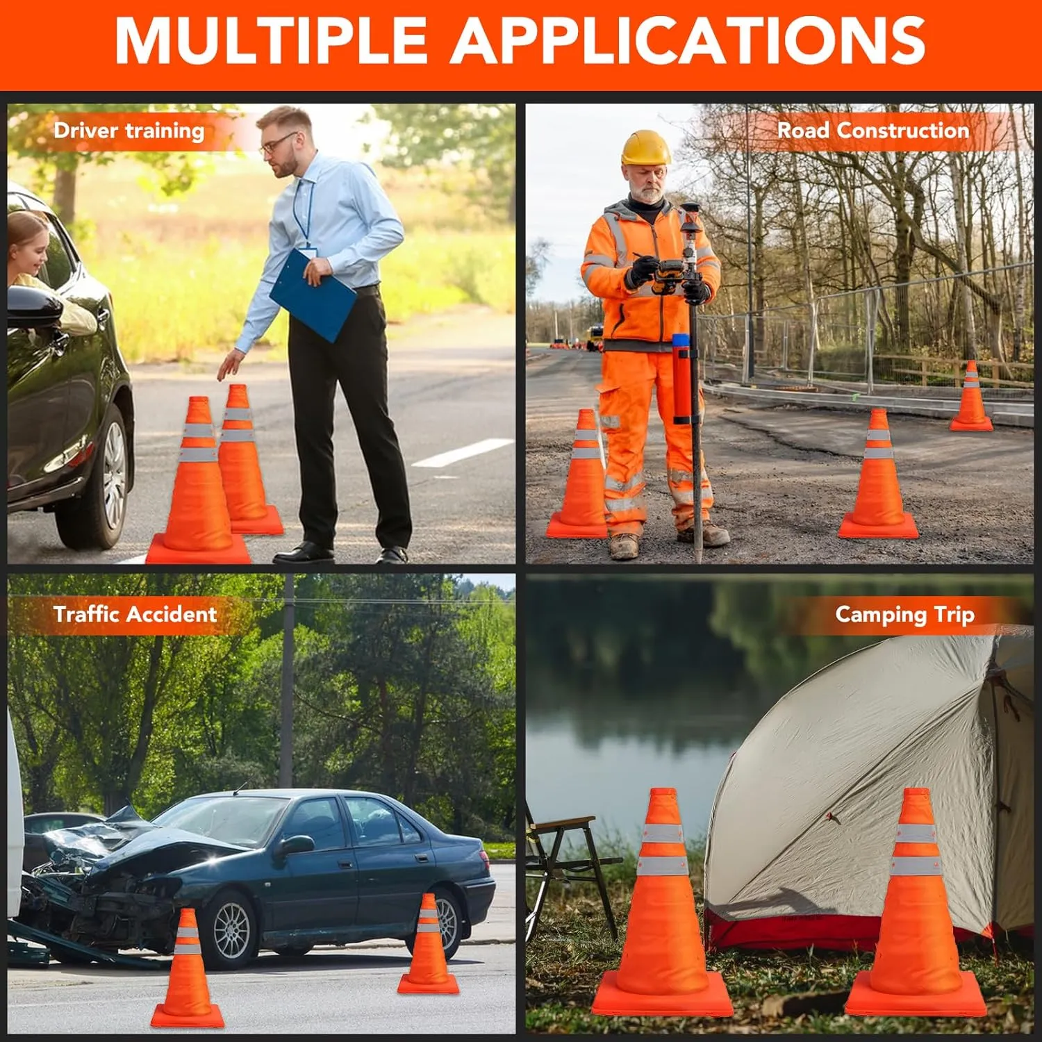 [6 Pack]18 Inch Collapsible Traffic Safety Cones - Parking Cones with Reflective Collars,Orange Safety Cones for Parking lot，Driveway, Driving Training etc.