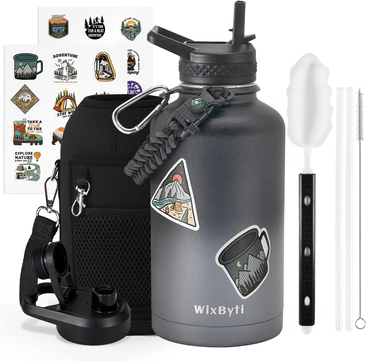 64 oz Insulated Water Bottle with Straw (Cold for 48 Hrs), Half Gallon Stainless Steel Triple Wall Vacuum Sports Water Jug, Leakproof Hydro Cup Flask with Straw Spout Lids & DIY Stickers