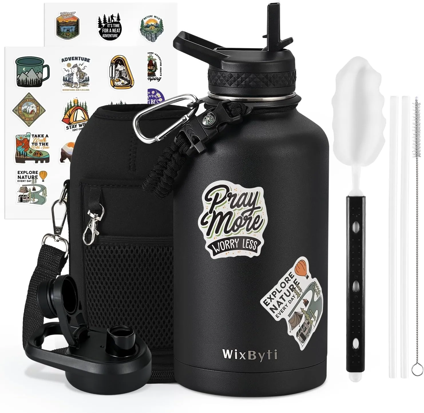 64 oz Insulated Water Bottle with Straw (Cold for 48 Hrs), Half Gallon Stainless Steel Triple Wall Vacuum Sports Water Jug, Leakproof Hydro Cup Flask with Straw Spout Lids & DIY Stickers