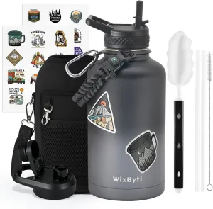 64 oz Insulated Water Bottle with Straw (Cold for 48 Hrs), Half Gallon Stainless Steel Triple Wall Vacuum Sports Water Jug, Leakproof Hydro Cup Flask with Straw Spout Lids & DIY Stickers