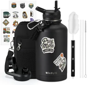 64 oz Insulated Water Bottle with Straw (Cold for 48 Hrs), Half Gallon Stainless Steel Triple Wall Vacuum Sports Water Jug, Leakproof Hydro Cup Flask with Straw Spout Lids & DIY Stickers