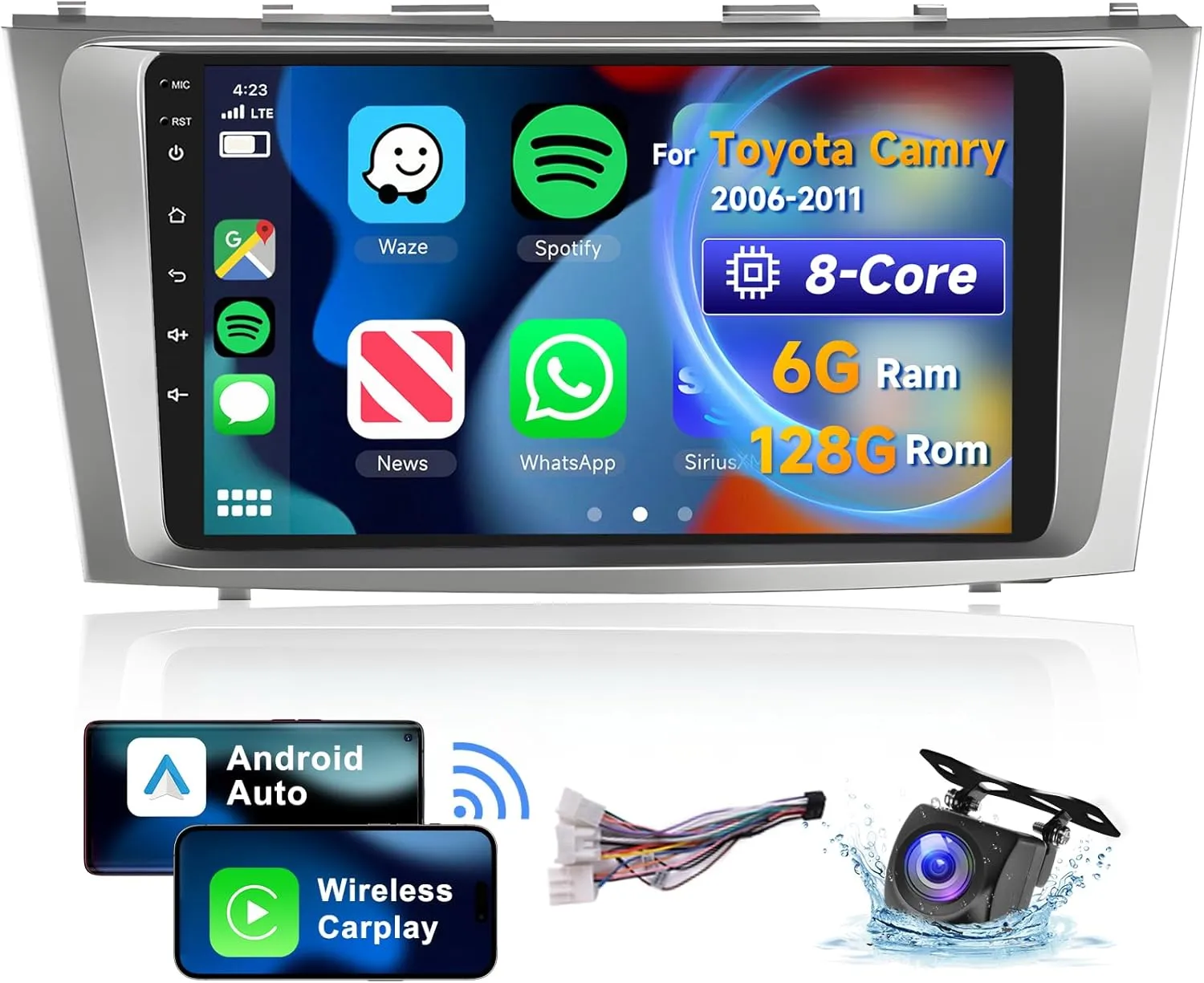 6G 128G 8 Core Car Radio for Toyota Camry 2006-2011 with Wireless Carplay/Android Auto, 9 Inch Android 13 IPS Touch Screen Car Stereo, Bluetooth, GPS, WiFi, SWC, DSP   Backup Camera