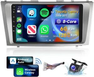6G 128G 8 Core Car Radio for Toyota Camry 2006-2011 with Wireless Carplay/Android Auto, 9 Inch Android 13 IPS Touch Screen Car Stereo, Bluetooth, GPS, WiFi, SWC, DSP   Backup Camera