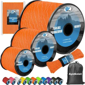 750Ib Reflective Paracord Rope,100' 200' 500' 1000', 4mm 11 Strand Parachute Spool Cord with Collecting Bag, para Cord Lanyard for Hammock, Camping