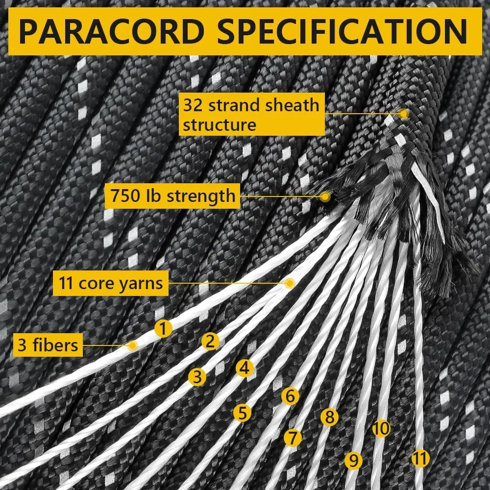 750Ib Reflective Paracord Rope,100' 200' 500' 1000', 4mm 11 Strand Parachute Spool Cord with Collecting Bag, para Cord Lanyard for Hammock, Camping