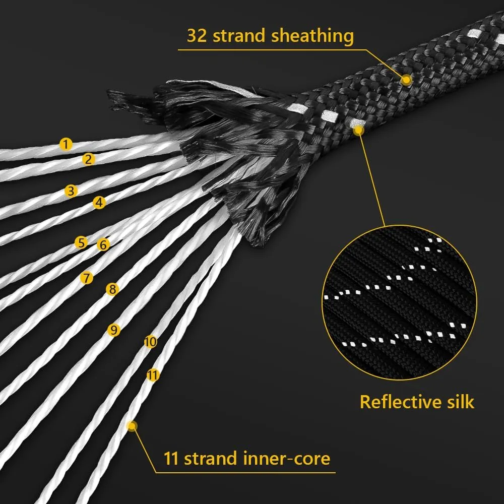 750Ib Reflective Paracord Rope,100' 200' 500' 1000', 4mm 11 Strand Parachute Spool Cord with Collecting Bag, para Cord Lanyard for Hammock, Camping