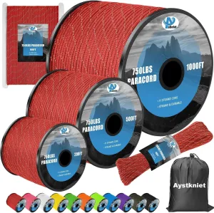 750Ib Reflective Paracord Rope,100' 200' 500' 1000', 4mm 11 Strand Parachute Spool Cord with Collecting Bag, para Cord Lanyard for Hammock, Camping