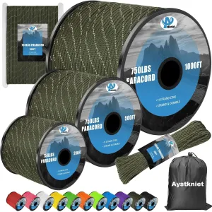 750Ib Reflective Paracord Rope,100' 200' 500' 1000', 4mm 11 Strand Parachute Spool Cord with Collecting Bag, para Cord Lanyard for Hammock, Camping