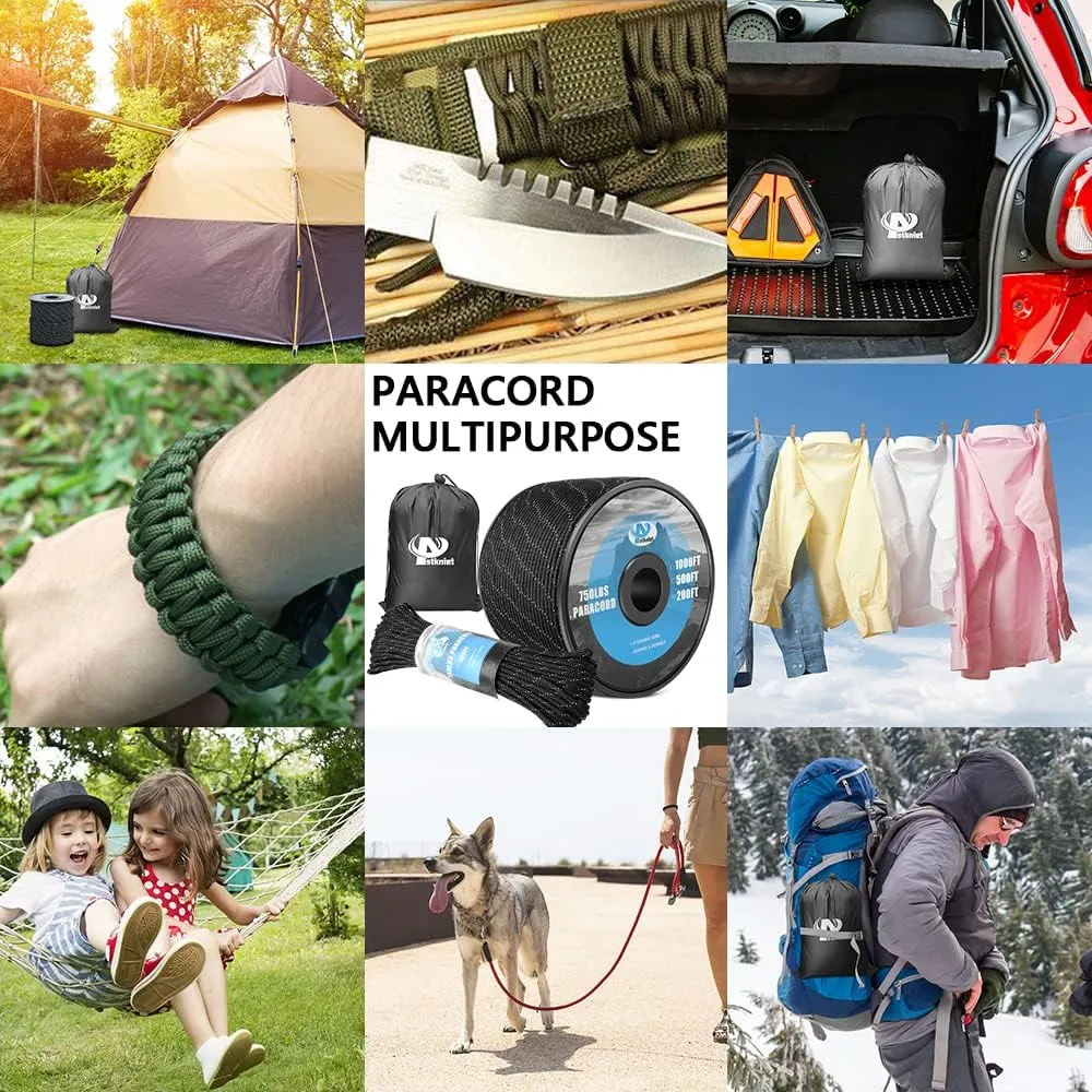750Ib Reflective Paracord Rope,100' 200' 500' 1000', 4mm 11 Strand Parachute Spool Cord with Collecting Bag, para Cord Lanyard for Hammock, Camping
