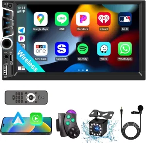 7" Double Din Car Stereo with Wireless Apple CarPlay,Car Radio Build-in Bluetooth 5.2,IPS Touchscreen 1024x600,FM Radio,Backup Camera,Dual USB,Type-C Fast Charging,GPS Navigation,Subwoofer,Car Play