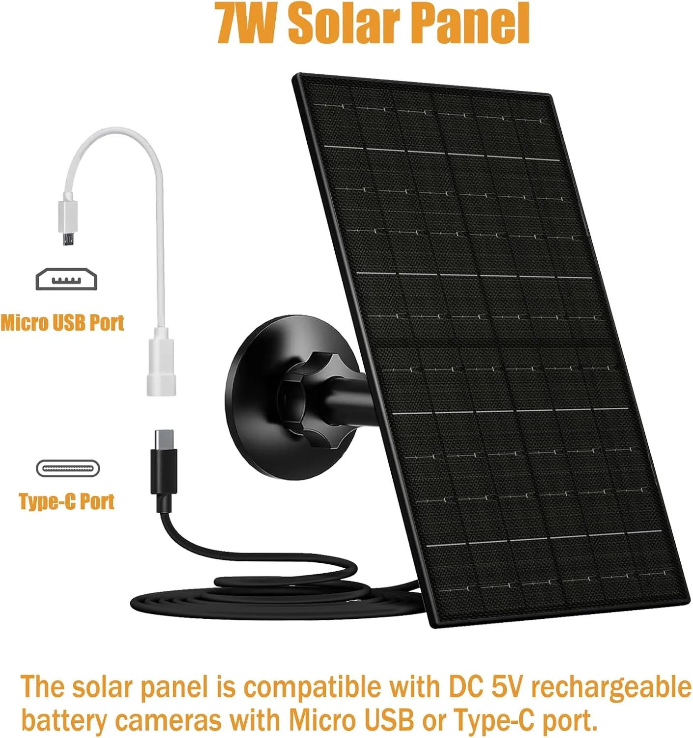 7W Solar Panel for Security Camera, USB C Solar Panel Charger for Camera, USB Solar Panel Compatible with Eufycam & DC 5V Rechargeable Battery Camera, IP65 Waterproof, 9.8ft Charging Cable
