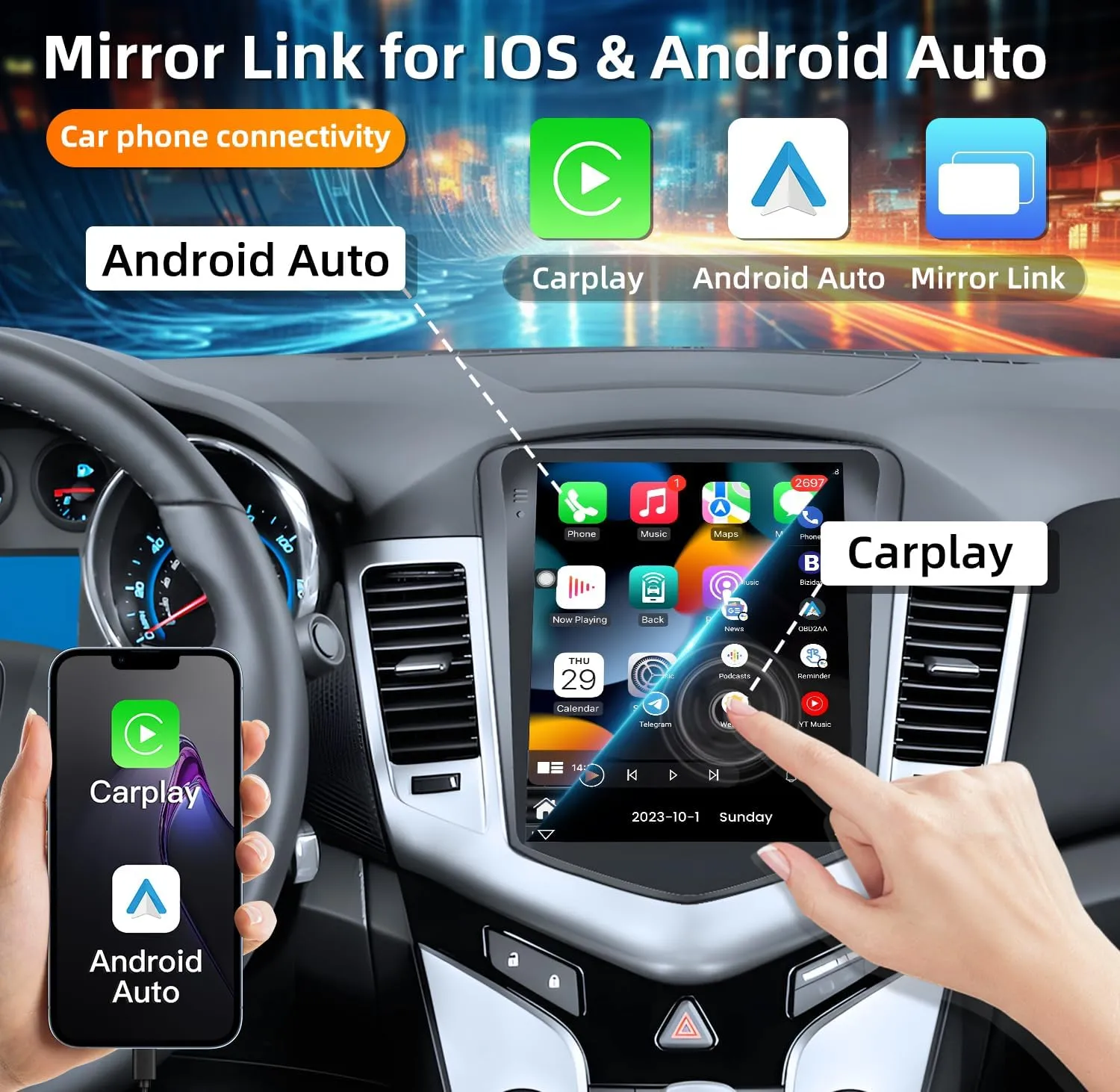 8 Core 4G 32G Android 13 Car Radio for Chevrolet Chevy Cruze 2009-2015: 5G WiFi 10.4 Inch Touch Screen Tesla Style Stereo with CarPlay Android Auto GPS Bluetooth FM/RDS SWC Backup Camera  Mic