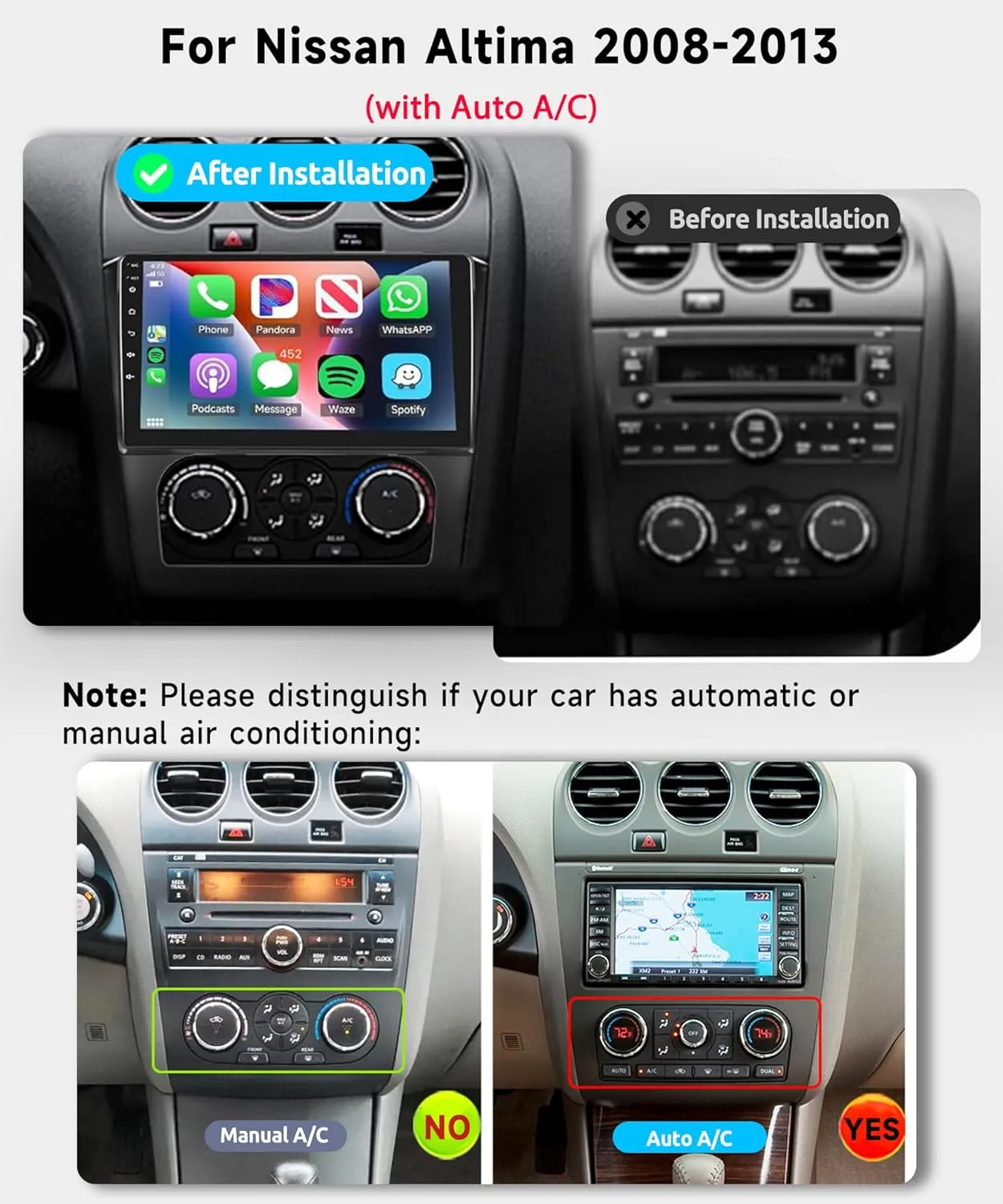 8-core 4G 64G Android Car Radio for Nissan Altima 2008 2009 2010 2011 2012, Wireless Carplay Android Auto Car Stereo, 9” IPS Touchscreen with WiFi, GPS, Bluetooth,FM/RDS, 32EQ DSP, Rear Camera