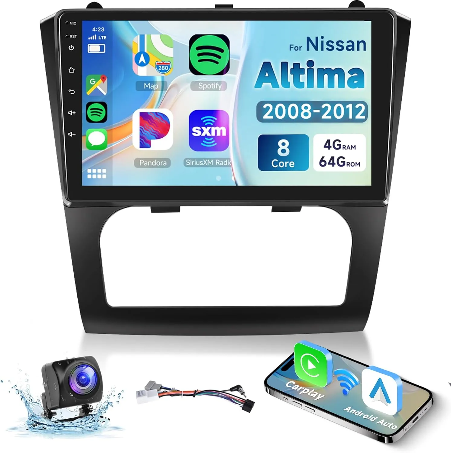 8-core 4G 64G Android Car Radio for Nissan Altima 2008 2009 2010 2011 2012, Wireless Carplay Android Auto Car Stereo, 9” IPS Touchscreen with WiFi, GPS, Bluetooth,FM/RDS, 32EQ DSP, Rear Camera