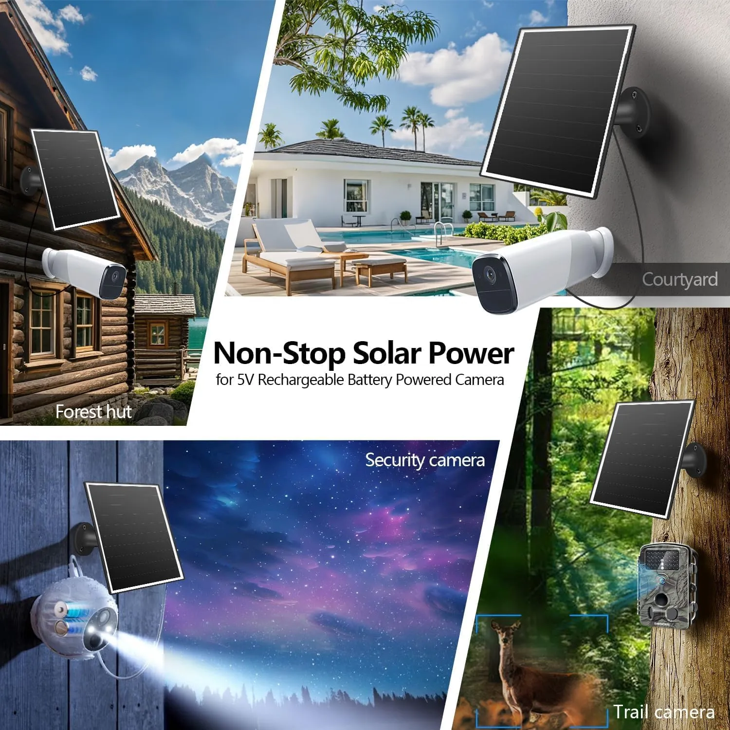 8W Solar Panel Charger for Outdoor Security Cameras, with Micro USB/USB-C and DC (35 * 135) Port, Fits Eufy/Wyze/Ring Camera, 9.8ft Cable,Stabilization System for Battery Protection Fast Charging