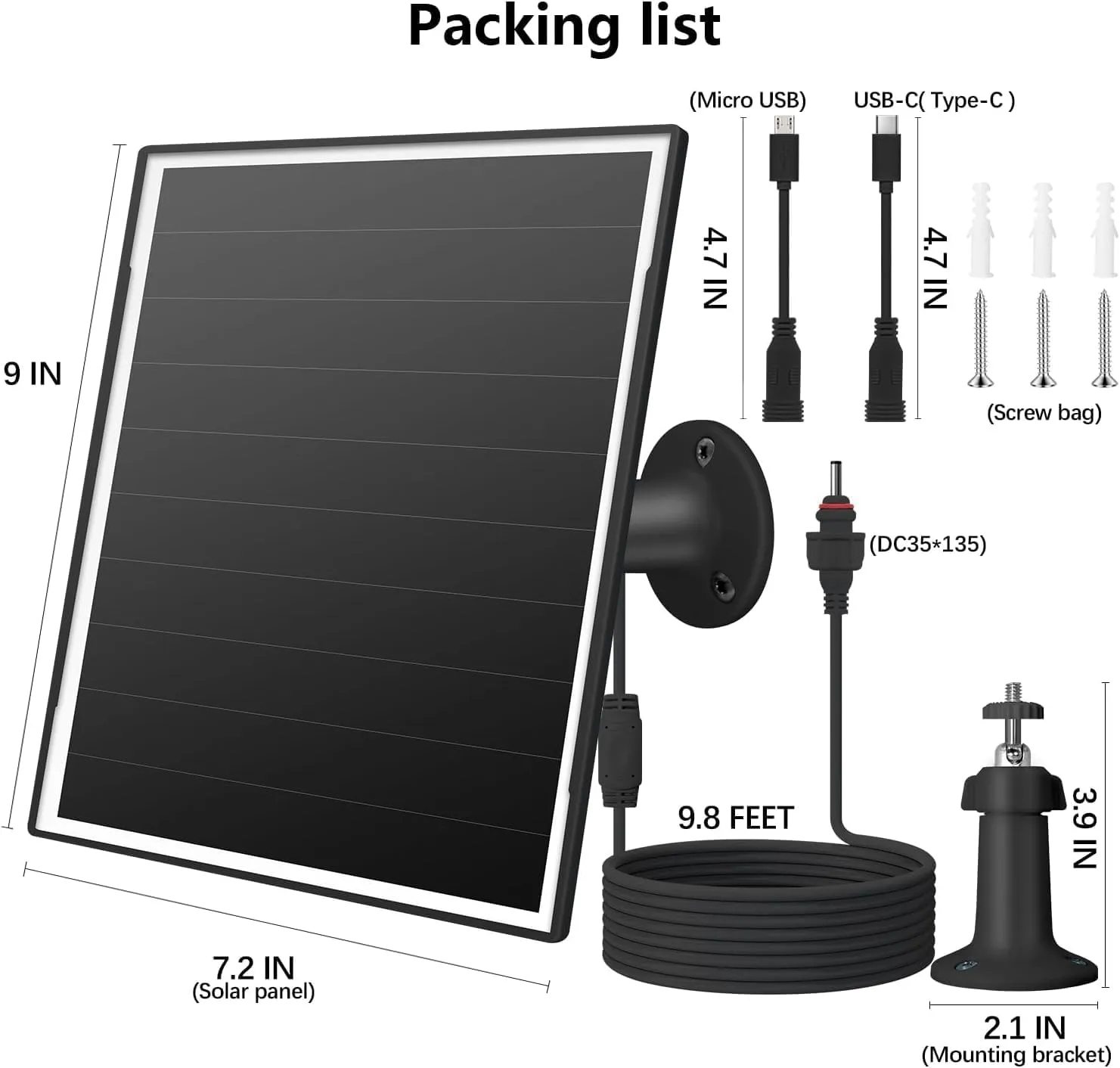 8W Solar Panel Charger for Outdoor Security Cameras, with Micro USB/USB-C and DC (35 * 135) Port, Fits Eufy/Wyze/Ring Camera, 9.8ft Cable,Stabilization System for Battery Protection Fast Charging