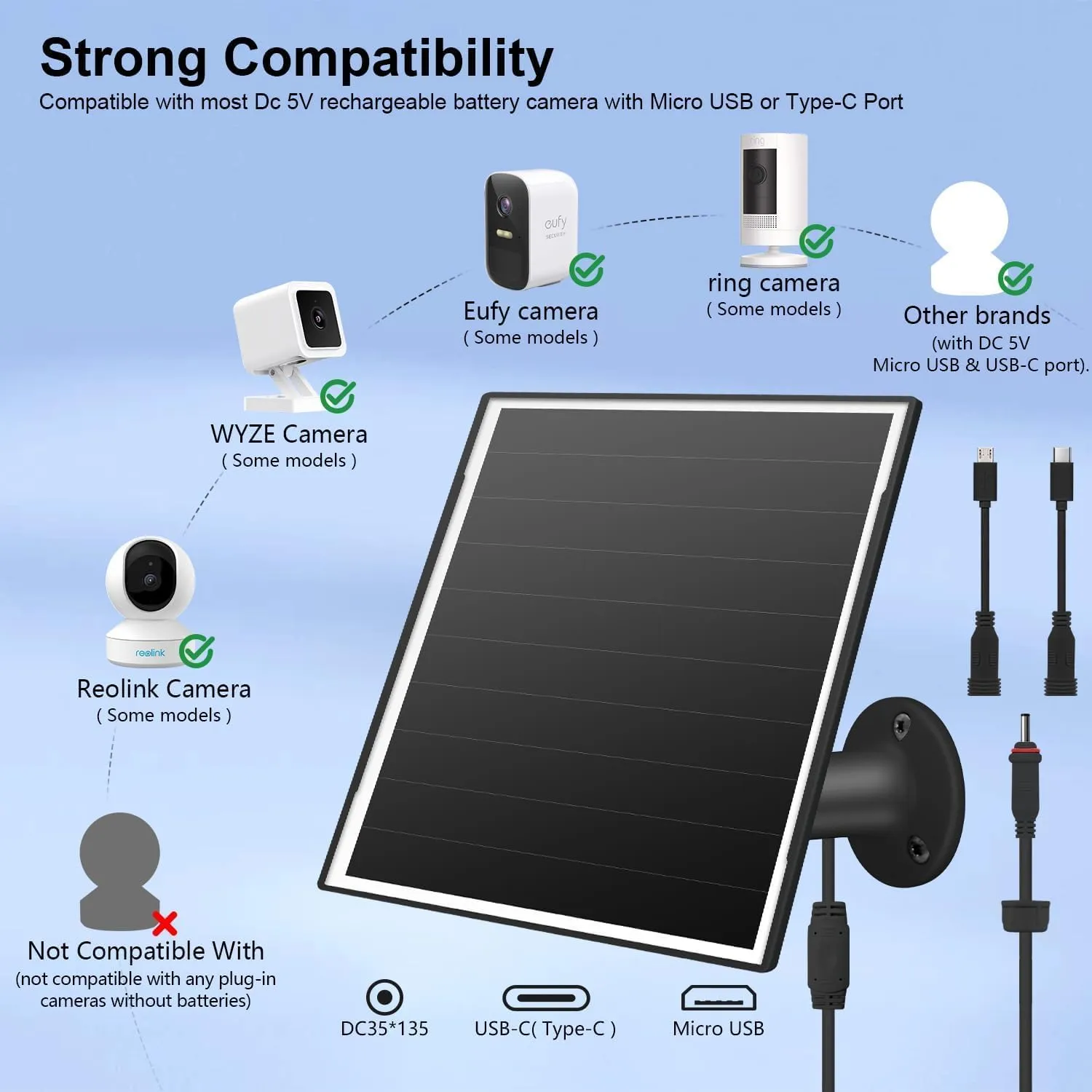 8W Solar Panel Charger for Outdoor Security Cameras, with Micro USB/USB-C and DC (35 * 135) Port, Fits Eufy/Wyze/Ring Camera, 9.8ft Cable,Stabilization System for Battery Protection Fast Charging