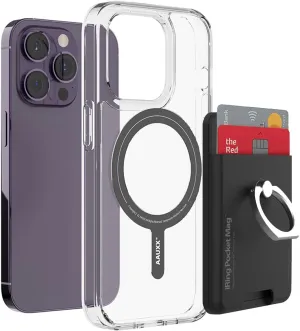 AAUXX iRing Magnetic Case   Pocket Mag Bundle Version Magsafe Compatible iPhone 14 Pro Clear Case Strong Magnet Smartphone Ring Compatible with iRing PocketMag Magnet Matte Black