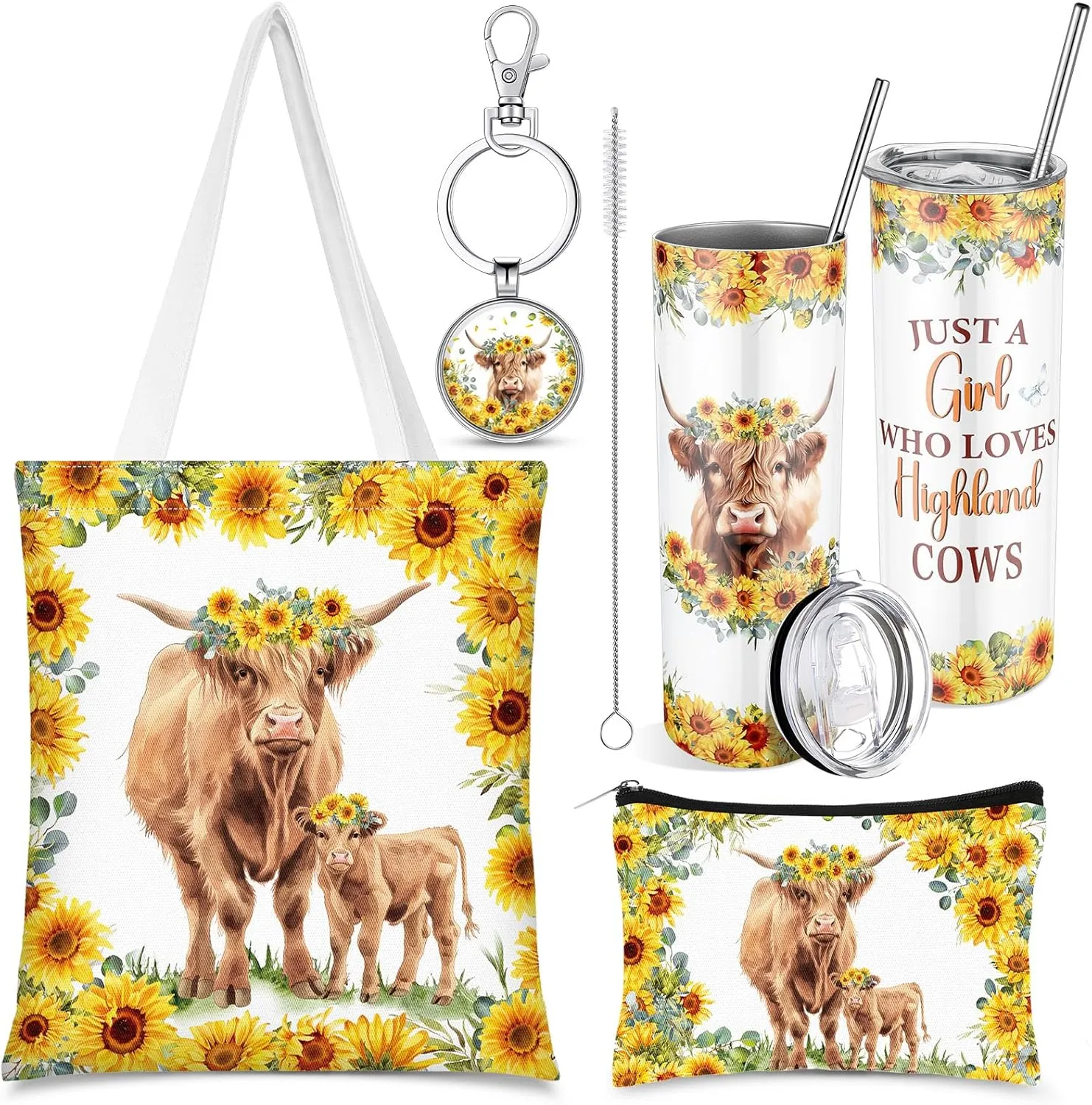 Abbylike 4 Pcs Highland Cow Animal Lover Gifts: Stainless Steel Tumbler with Straw Lid, Metal Keychain, Canvas Tote Bag, Cosmetic Bag for Christmas, Birthday