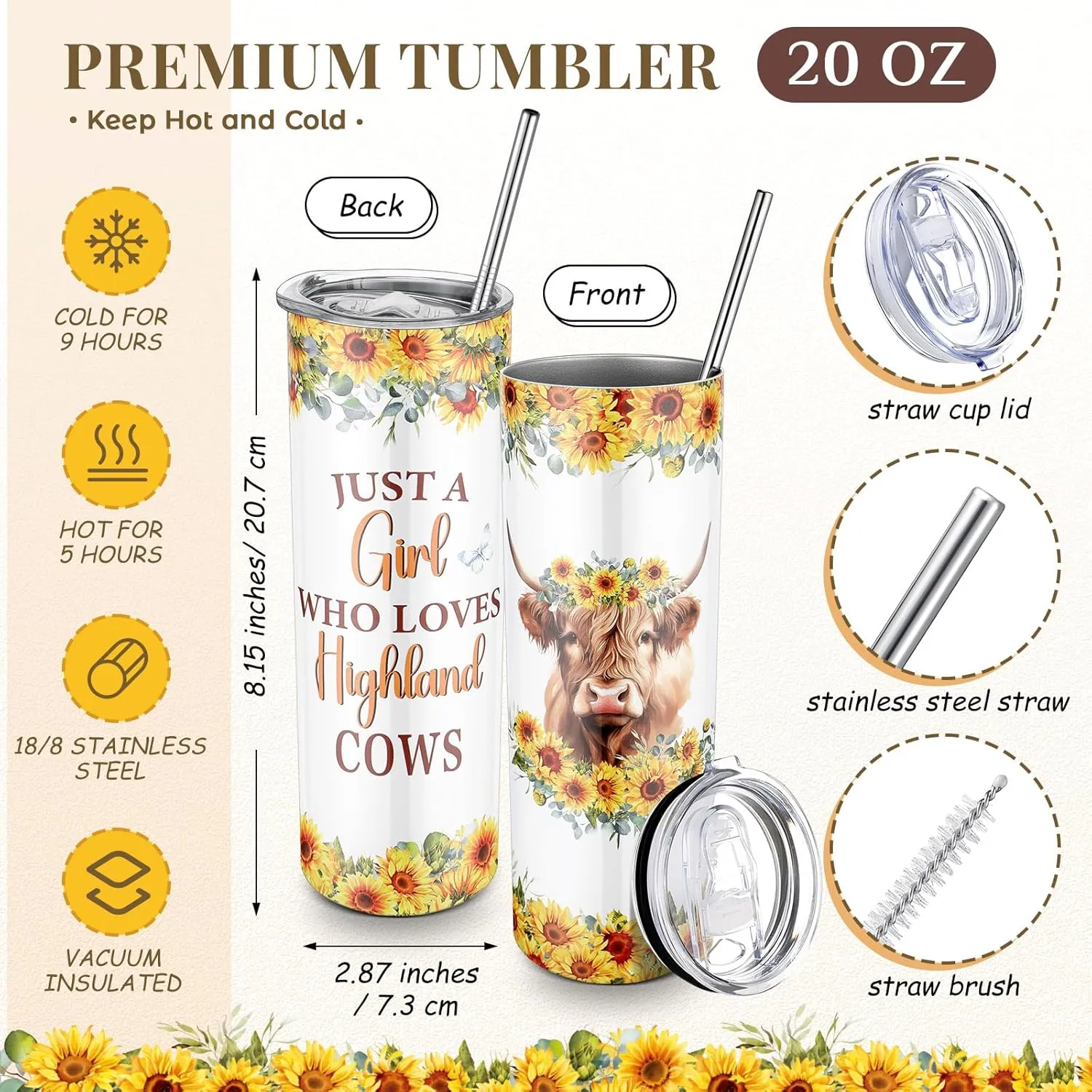 Abbylike 4 Pcs Highland Cow Animal Lover Gifts: Stainless Steel Tumbler with Straw Lid, Metal Keychain, Canvas Tote Bag, Cosmetic Bag for Christmas, Birthday
