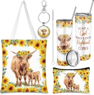 Abbylike 4 Pcs Highland Cow Animal Lover Gifts: Stainless Steel Tumbler with Straw Lid, Metal Keychain, Canvas Tote Bag, Cosmetic Bag for Christmas, Birthday